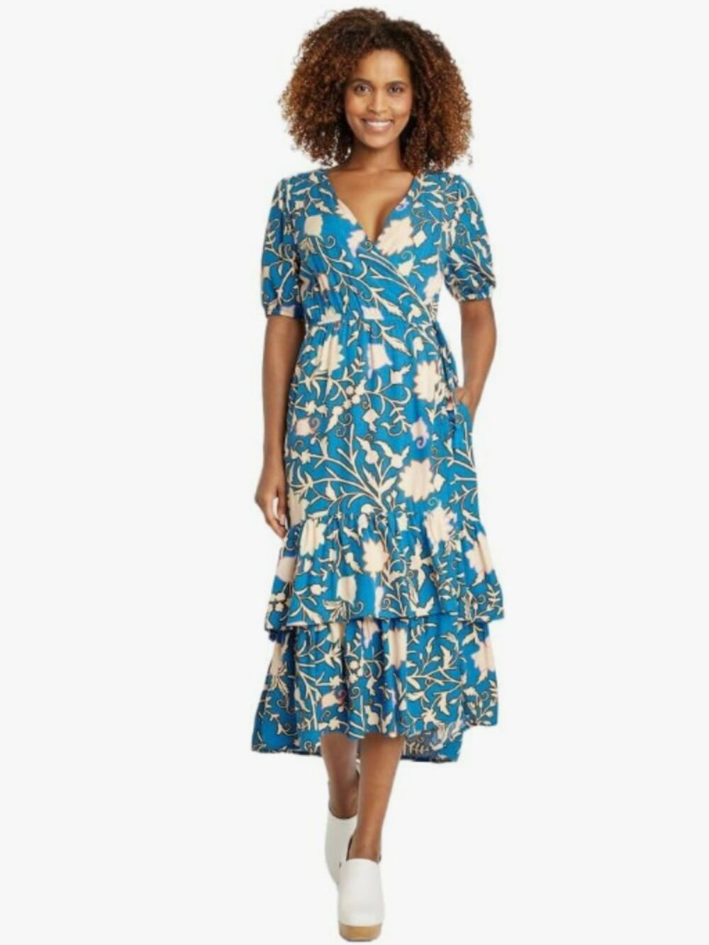 KNOX ROSE Women's Blue Floral Wrap Ruffle Hem Midi (Size: XL)